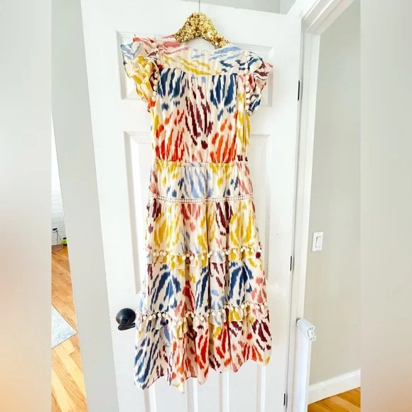 J. Crew Point Sur Womens Tiered Dress Pom Pom Midi Flutter Sleeve Cotton - Picture 3 of 9